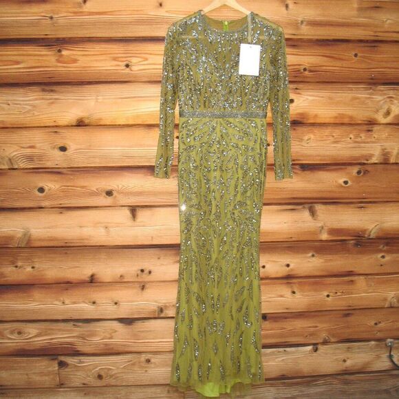 MAC DUGGAL 5124 Green Beaded Long Sleeve Evening Gown Size 6 - Picture 5 of 15